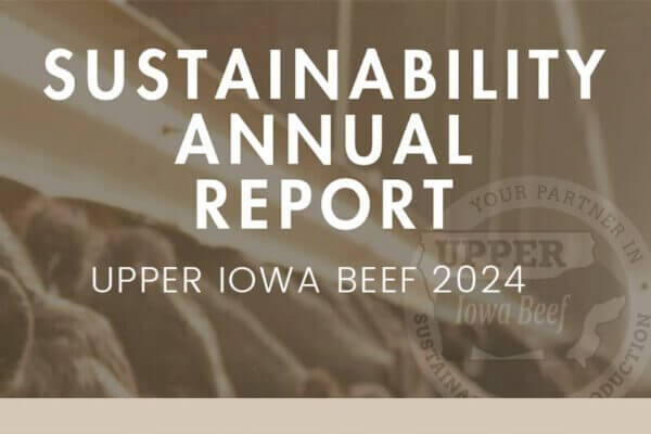 Sustainability Annual Report cover for Upper Iowa Beef 2024 with logo and background of cattle.