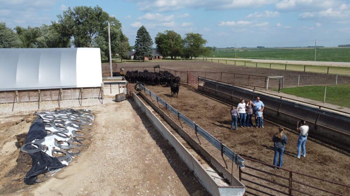 A family poses for a photo near cattle in a pen on a farm under a partly cloudy sky.