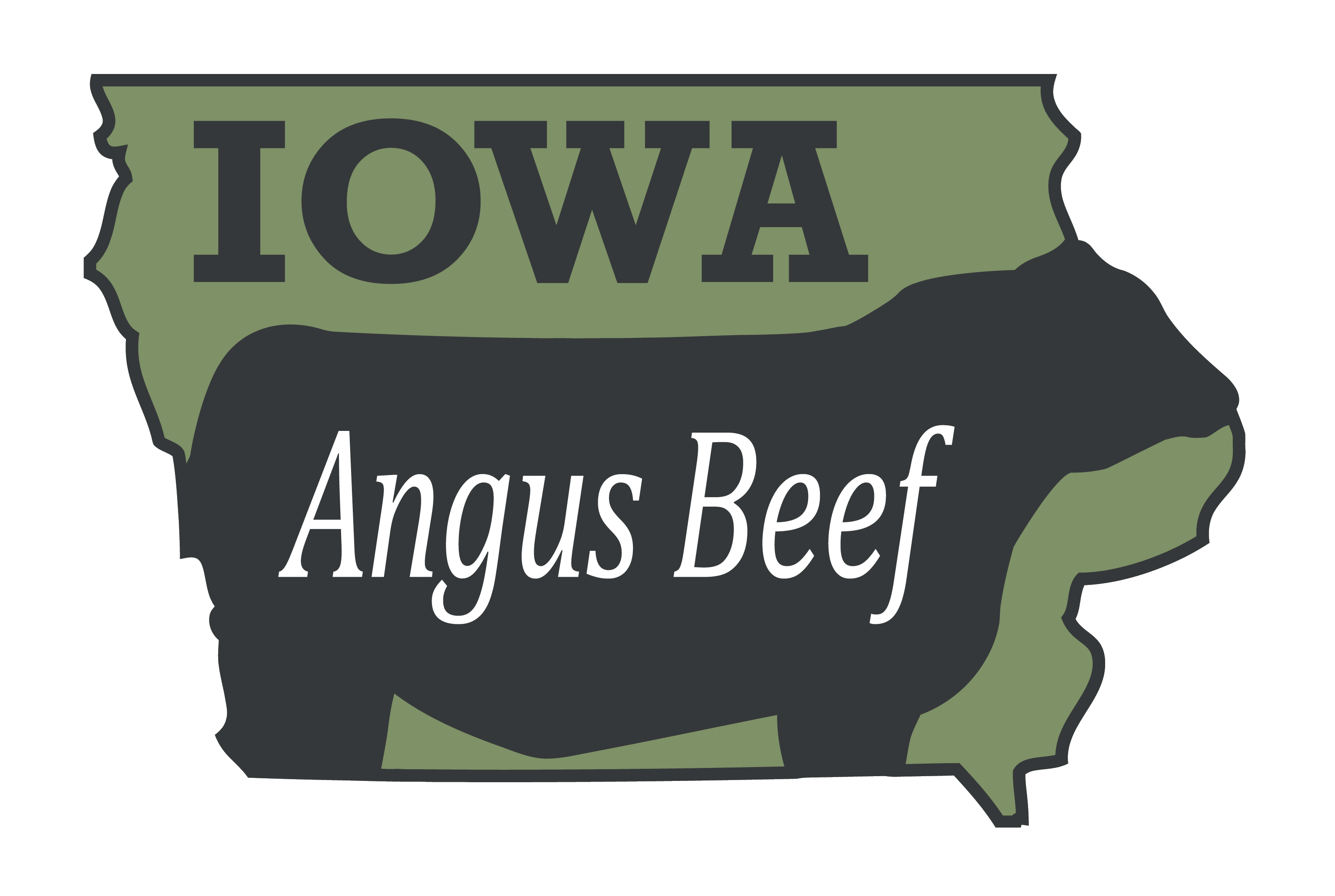 Outline of Iowa with a black cow silhouette and the text “IOWA Angus Beef” inside.