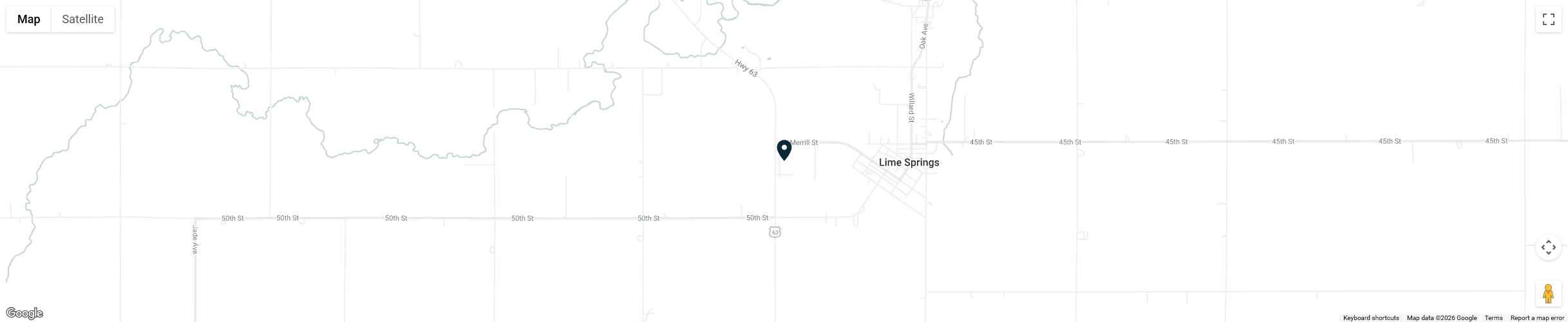Map showing a marker southwest of Lime Springs, Iowa, near the intersection of local roads and Highway 63.