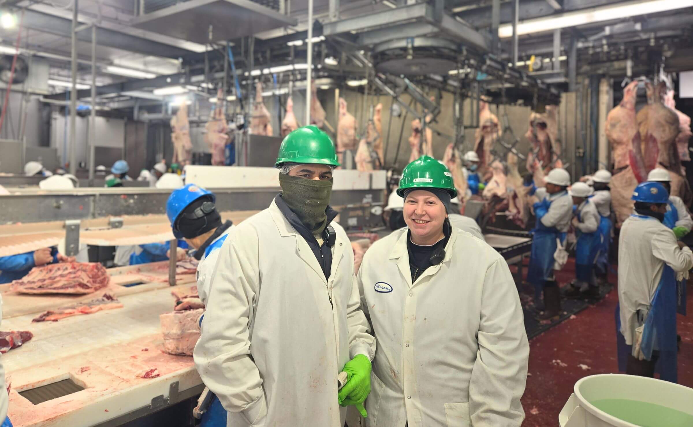 Two workers in white coats and green helmets stand in a busy meat processing plant with hanging carcasses.