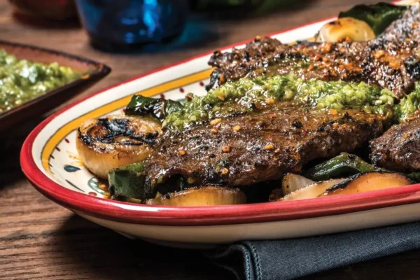 Grilled Skirt Steak with Chimichurri Sauce, red rimmed serving plate, grilled onions.