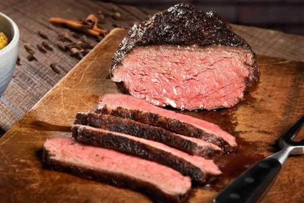 Cast Iron Spiced Coulotte Roast, red cooked beef with crisp seared coating on wooden cutting board.