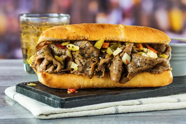 Chicago Roast Beef Sandwich, yellow bun with diced cooked red and green peppers, sliced beef.