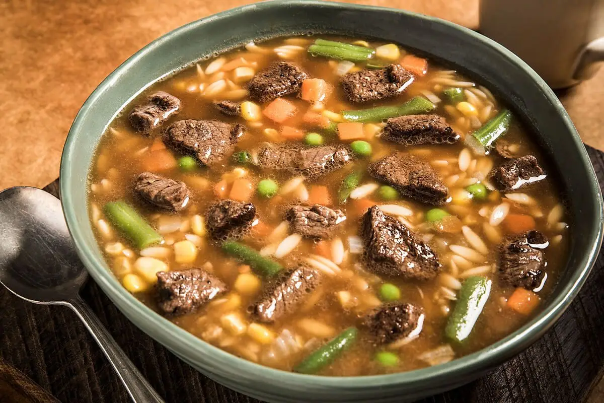 Easy Beef Vegetable Soup, grey bowl.