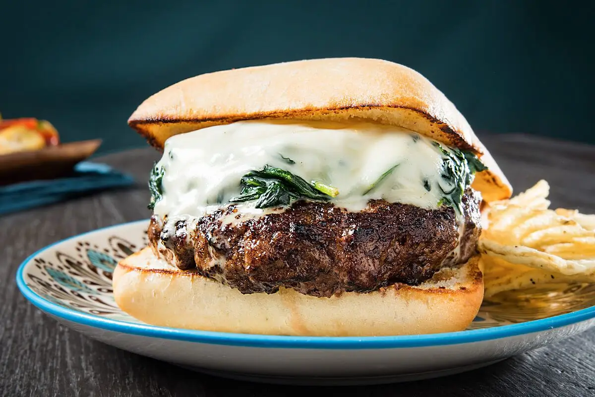 Florentine burger, white cheese, ground beef burger, white grilled bun, colorful plate.