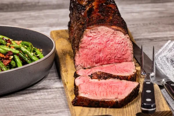 Split Strip Roast with Chef Rub, green beans in grey bowl on the side, served on wooden tray.
